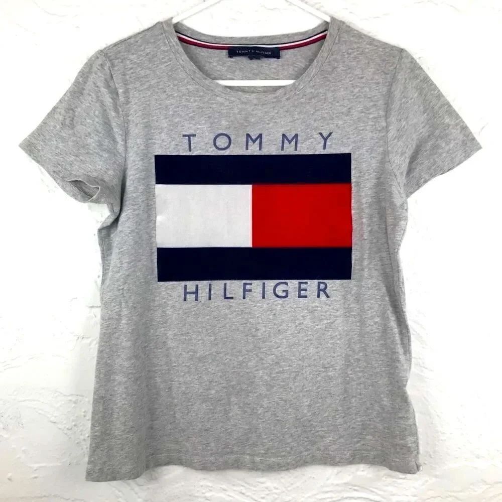 Tommy Hilfiger Velvety Flag Front Gray T Shirt